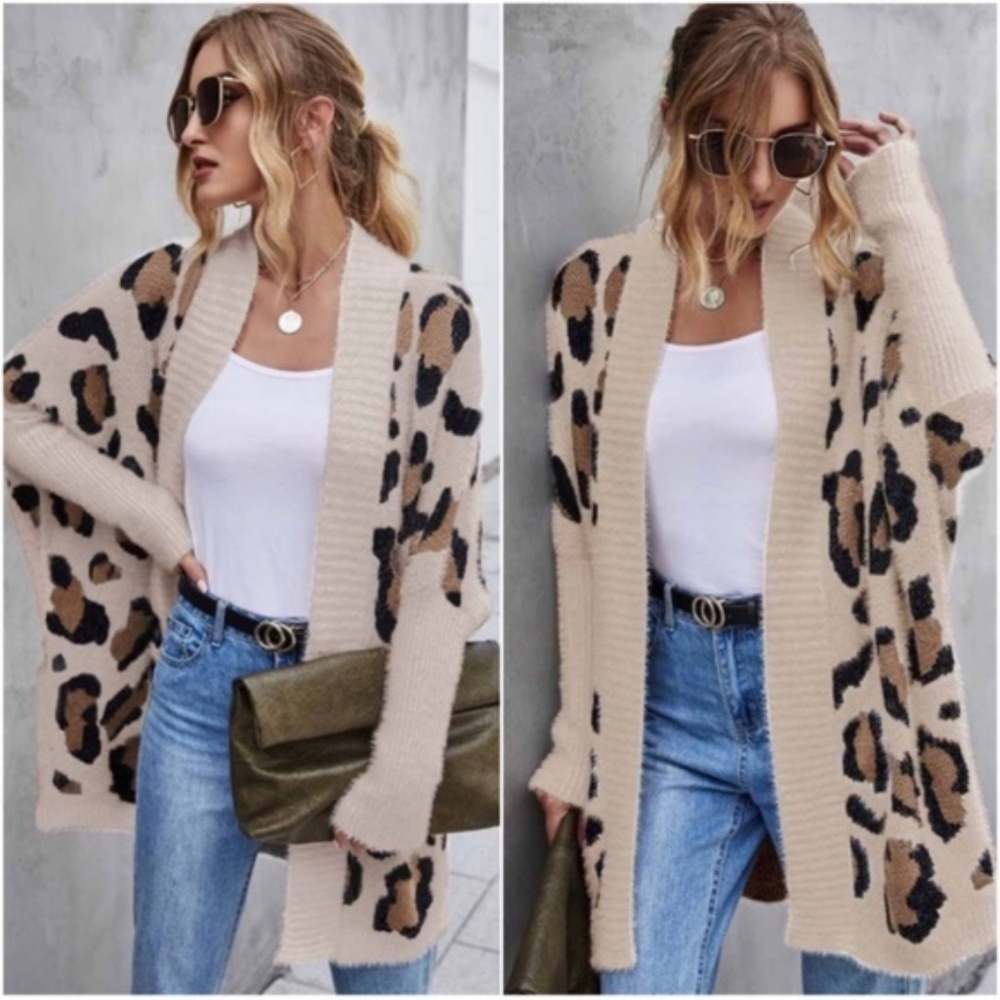 019 Cozy Leopard print fuzzy dolman sleeve fall cardigan - Picture 8 of 8
